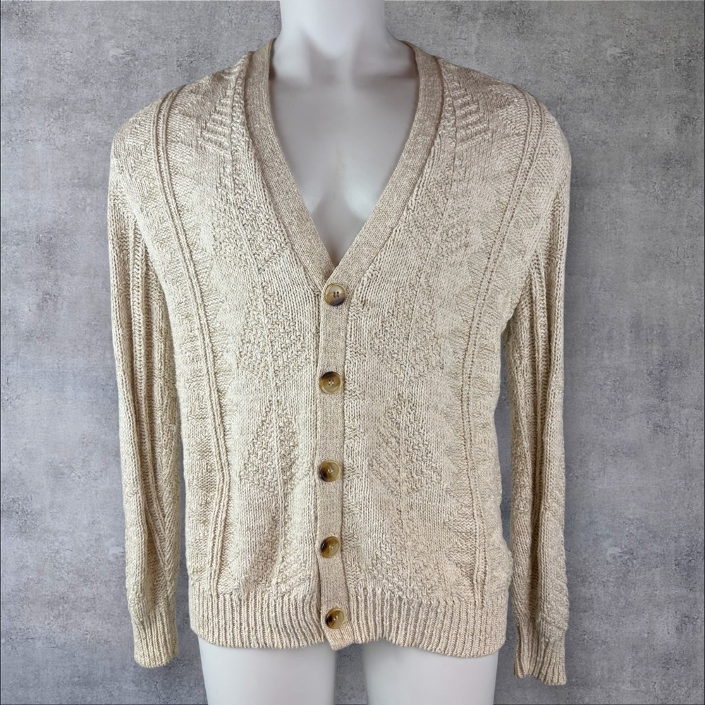 VINTAGE Royal North Mills Cardigan Mens Medium Beige Knit Ribbed 90s (750